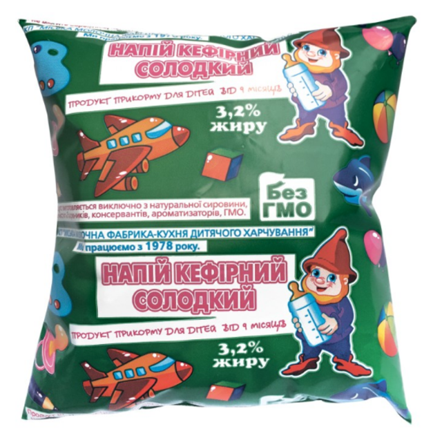 Напій кефірний солодкий 3,2% жиру для дитячого харчування МІСЬКА МОЛОЧНА ФАБРИКА-КУХНЯ ДИТЯЧОГО ХАРЧУВАННЯ, 200 г